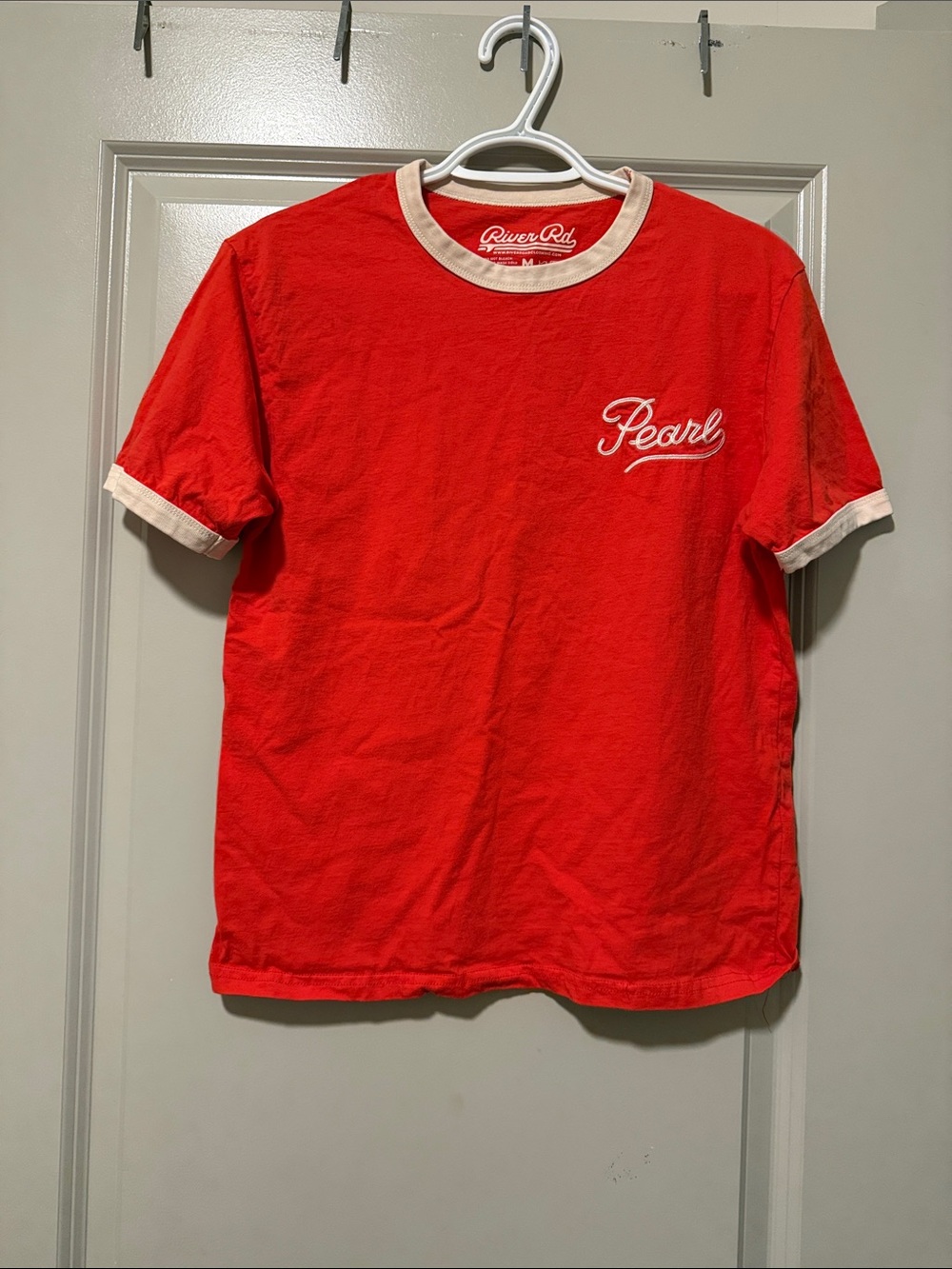 River Rd Pearl Script Red Ringer Tee with Cream Trim
